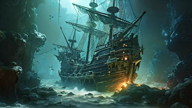 Pirate ship in the sea. 3D rendering. Fantasy, AI Generated
