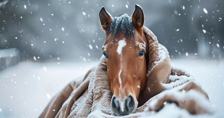 Horse, winter blanket, snowy backdrop, close-up, serene, crisp, detailed, cold season warmth. 