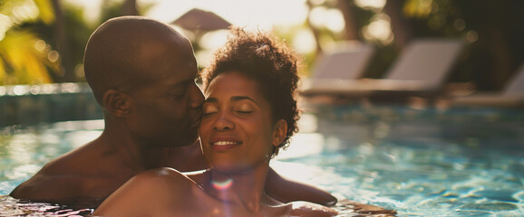Lifestyle portrait of mature black couple in love on romantic vacation relaxing in tropical resort pool - obrazy, fototapety, plakaty