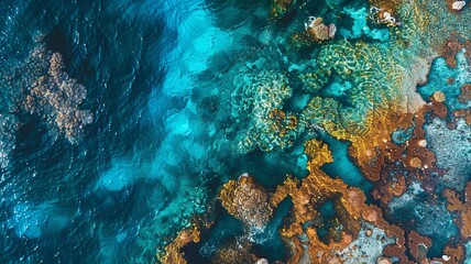 Naklejka na ściany i meble coral reef in the crystal clear sea with wonderful colors seen from a bird's eye view, generated by AI