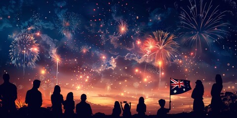 People are looking on fireworks and flag of Australia