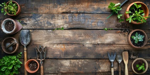 Outdoor gardening tools on old wood table - obrazy, fototapety, plakaty