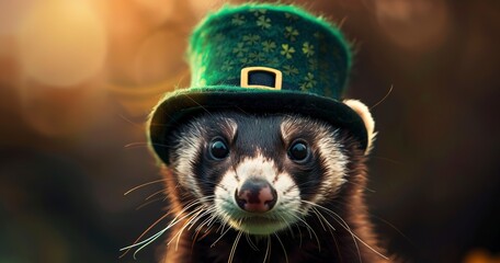 Ferret, St Patrick's Day hat, close-up, mischievous, bright, detailed, lucky charm.  - obrazy, fototapety, plakaty