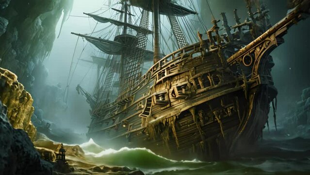 Beautiful underwater world with old ship. 3d render illustration, AI Generated