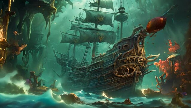 Pirate ship in the sea. 3d illustration. Fantasy, AI Generated