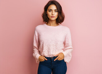 young adult beautiful brunette woman wears a pink pastel style sweater, beauty pretty and comfortable clothes, portrait, front view, close-up