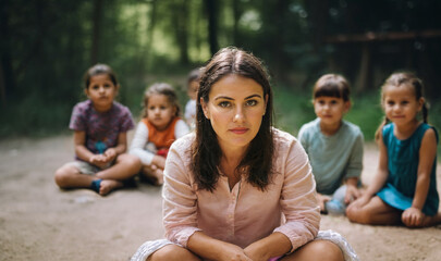 Mature adult woman, mother or kindergarten teacher, with 5 five children sitting on the ground, in...