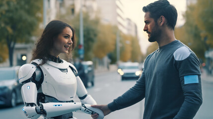 A woman with heavy robotic body armor, artificial intelligence supports the everyday life of an adult woman on duty, a man shakes her hand, in a city on a street with cars