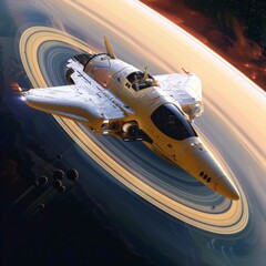 Futuristic postal shuttle on a delivery run near Saturns rings, astronaut waving from the cockpit, rings casting shadows on the hull, stunning detail, vibrant colors, high realism