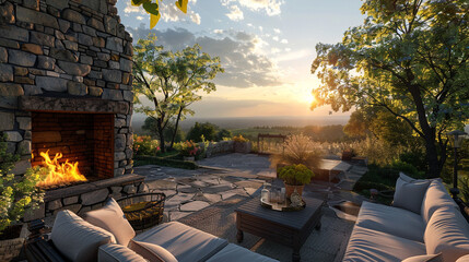 The sun setting over an inviting outdoor space, complete with a stone fireplace and plush seating,...