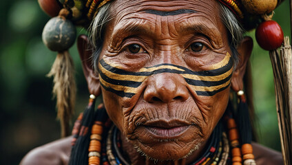 Portrait of an old dark-skinned Aboriginal man with authentic jewelry and face paint. - obrazy, fototapety, plakaty