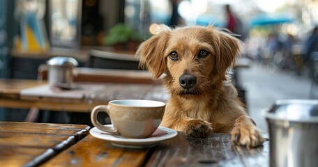 Dog, cafÃ© sidekick, close-up, sociable, bustling street, clear, friendly companion. 