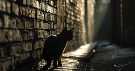 Cat, alley adventure, close-up, stealthy, shadow play, detailed, urban explorer. -