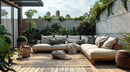 Trendy outdoor furniture blending wood and metal, lush modern green plants, open terrace in a city environment. Generative AI.