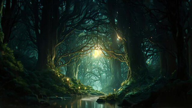 A captivating image of a dark, enigmatic forest illuminated by an abundance of twinkling lights, An enchanted forest filled with glowing, magical creatures, AI Generated