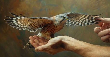 Kestrel, gentle grasp, close-up, delicate, natural setting, clear, detailed, graceful touch.  - obrazy, fototapety, plakaty