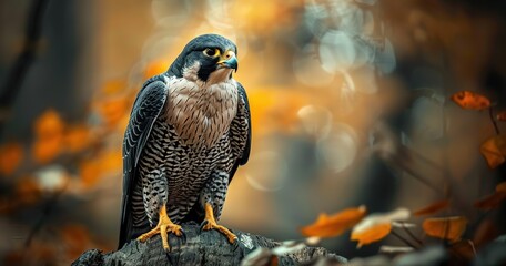 Peregrine Falcon, stoic stance, close-up, powerful, outdoor, sharp, detailed, awe-inspiring might. - obrazy, fototapety, plakaty