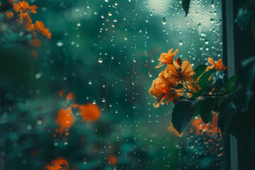 Obraz na płótnie Canvas Orange blossoms behind raindrops on window, symbolizing renewal and tranquil introspection