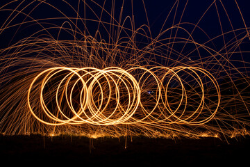 Abstract background of steel wool fireworks. Showers of glowing sparks from spinning steel wool....