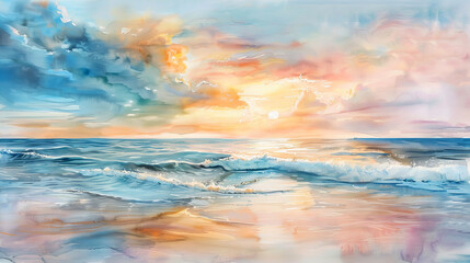 Vibrant watercolor of sunrise over ocean waves, reflecting the beauty and energy of a new day