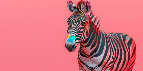 A zebra with a VR Headset isolated on pink background simulation metaverse, 
 - obrazy, fototapety, plakaty