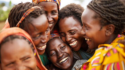Joyful African women in traditional attire hugging and laughing together - obrazy, fototapety, plakaty