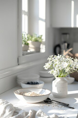 Fototapeta na wymiar oatmeal with berries. in a bright modern kitchen