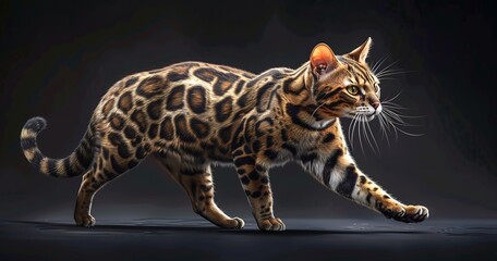 Bengal cat, wild markings, sleek and muscular body. 