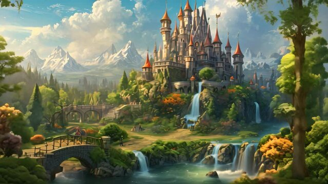 An exquisite painting capturing the essence of a castle nestled in the heart of a serene forest, An enchanting kingdom in a magical realm, AI Generated