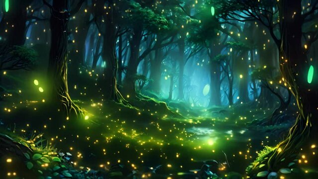 A serene painting of a lush forest, complete with a tranquil pond and enchanting fireflies, An enchanting moonlit forest with fireflies hovering around, AI Generated
