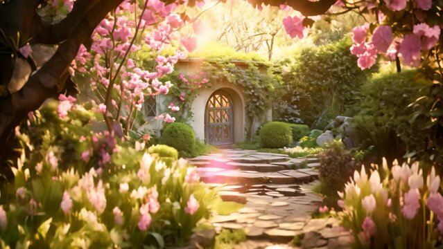 A peaceful garden adorned with vibrant flowers and a charming stone path, An enchanting spring garden in full bloom, AI Generated