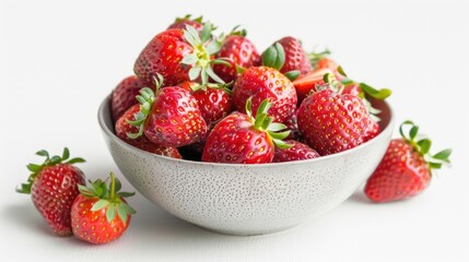 Ripe strawberries in a bowl on a white background, juicy berries, vitamins.