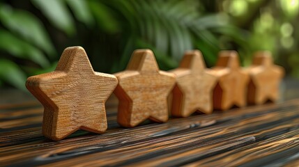 Wooden stars arranged in a row, symbolize a satisfaction rating system used for evaluating customer feedback, service quality, or product excellence