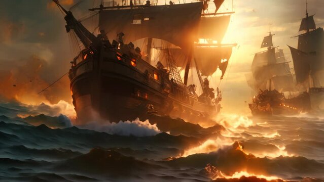 sailing boat in the sea with fire and smoke, 3d illustration, An epic battle between pirates on the high seas, AI Generated
