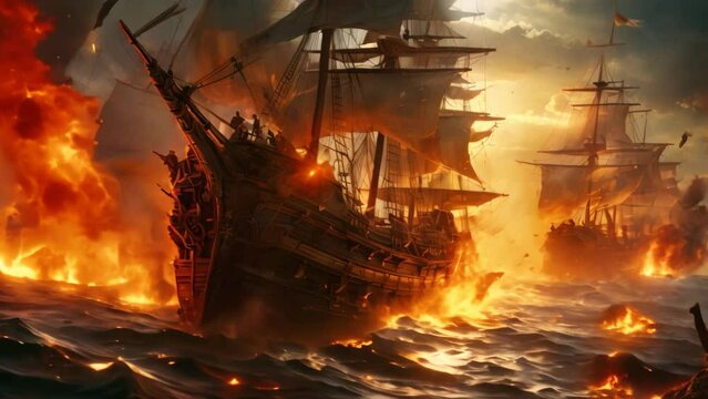 sailing ship in the sea at sunset. 3d render illustration, An epic battle between pirates on the high seas, AI Generated