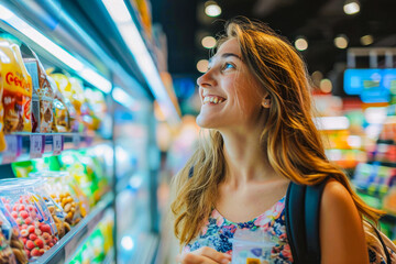 Obraz premium A young woman is seen from behind as she shops in the refrigerated section of a brightly lit supermarket