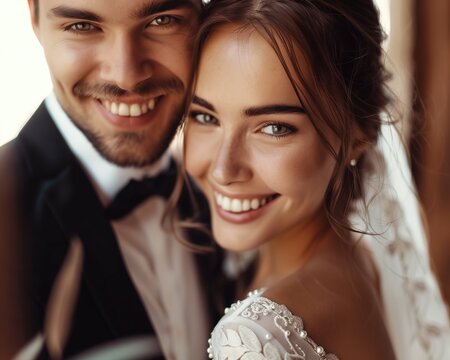 Smiling Bride and Stylish Groom Posing for Picture