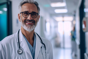 A distinguished and experienced senior doctor stands smiling in a hospital hallway, exuding trust and professionalism - obrazy, fototapety, plakaty