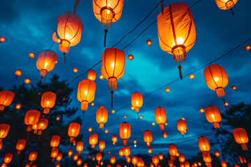 Fototapeta na wymiar The sky is aglow with the warm light of numerous floating lanterns ascending at dusk, creating a captivating and mystical atmosphere