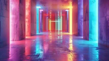 color lights glow on a bright hallway, Generative AI