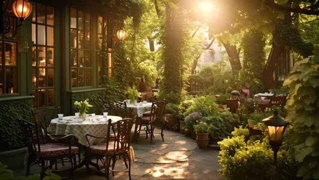 Luxury restaurant in Paris, France. Luxurious restaurant in Paris, France, An intimate Italian cafe, set in a cozy,garden, AI Generated