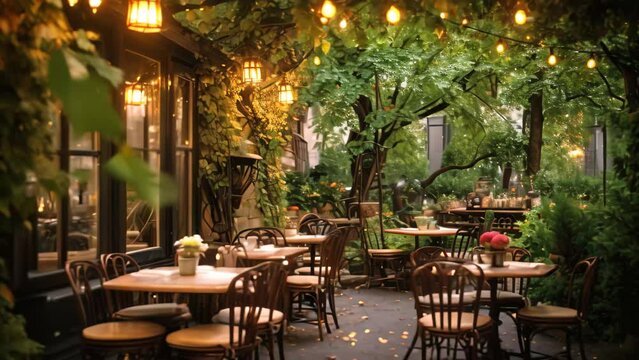 Outdoor cafe in the old town of Riga, Latvia, An intimate Italian cafe, set in a cozy,garden, AI Generated
