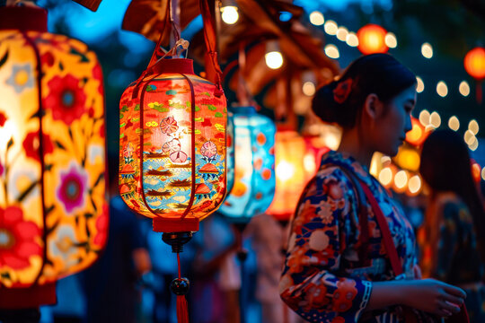 Vivid and colorfully adorned traditional lanterns light up a bustling night market, attended by people reveling in the festival
