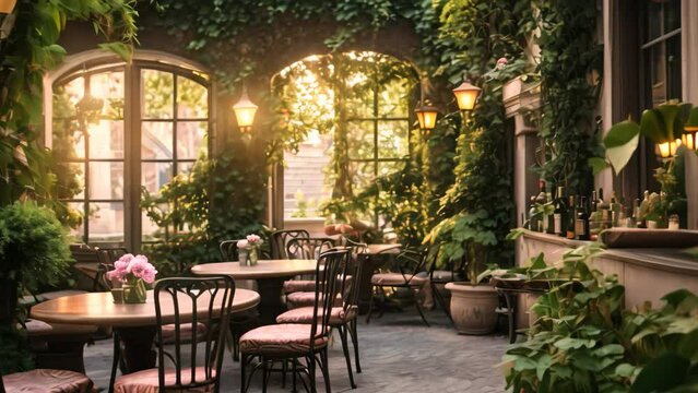 Cafe in the old town of Prague, Czech Republic. Covered with ivy, An intimate Italian cafe, set in a cozy,garden, AI Generated