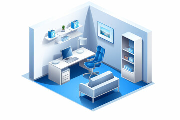Fototapeta na wymiar Isometric illustration of a modern home office with blue rug, chair, and wall decorations, offering a tranquil work setting