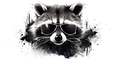 In black and white illustration portrait of a stylish raccoon in sunglasses on a white background. - obrazy, fototapety, plakaty