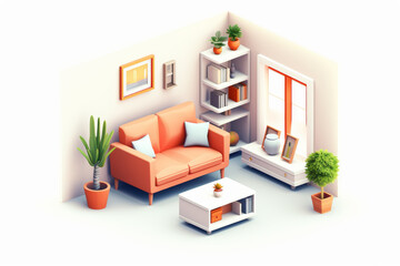 A modern isometric illustration of a cozy, contemporary living room with stylish orange furniture and decorative plants