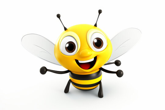 The image shows a happy, cute, and lively bee character with big eyes and a friendly smile, designed in vibrant 3D graphics