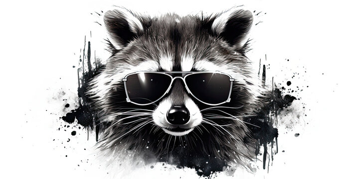 In black and white illustration portrait of a stylish raccoon in sunglasses on a white background.