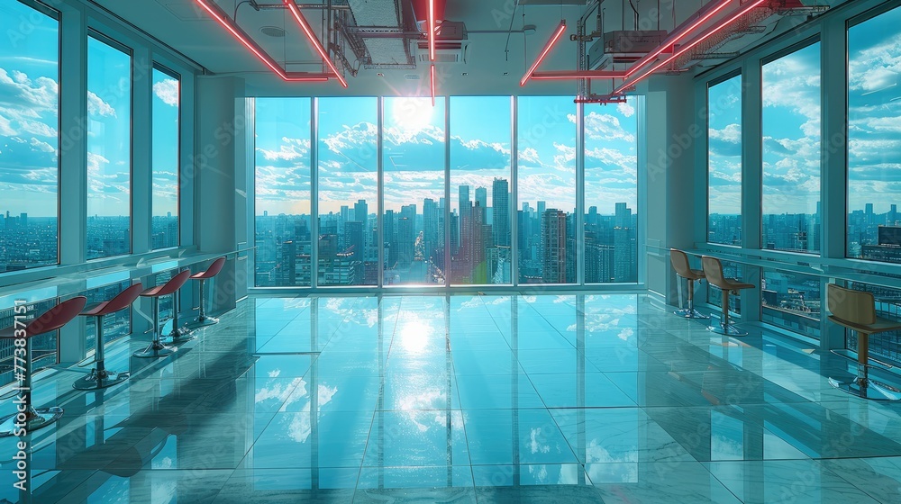 Poster A daytime bright office with an unforgettable view of the metropolis. Generative AI.